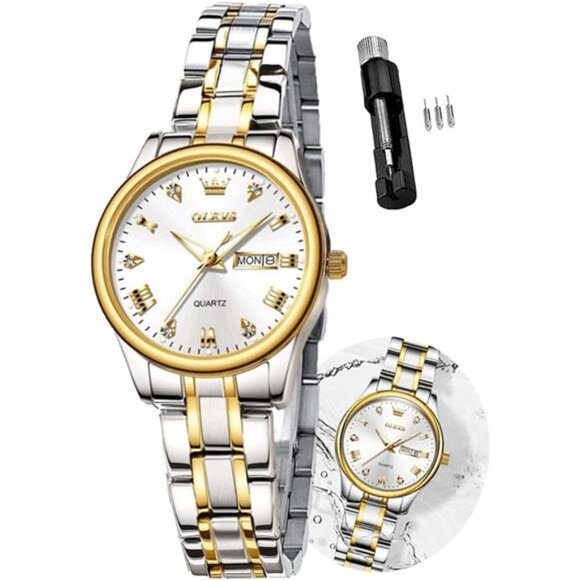 Women with Date Day Stainless Steel Waterproof Small Face Silver Gold